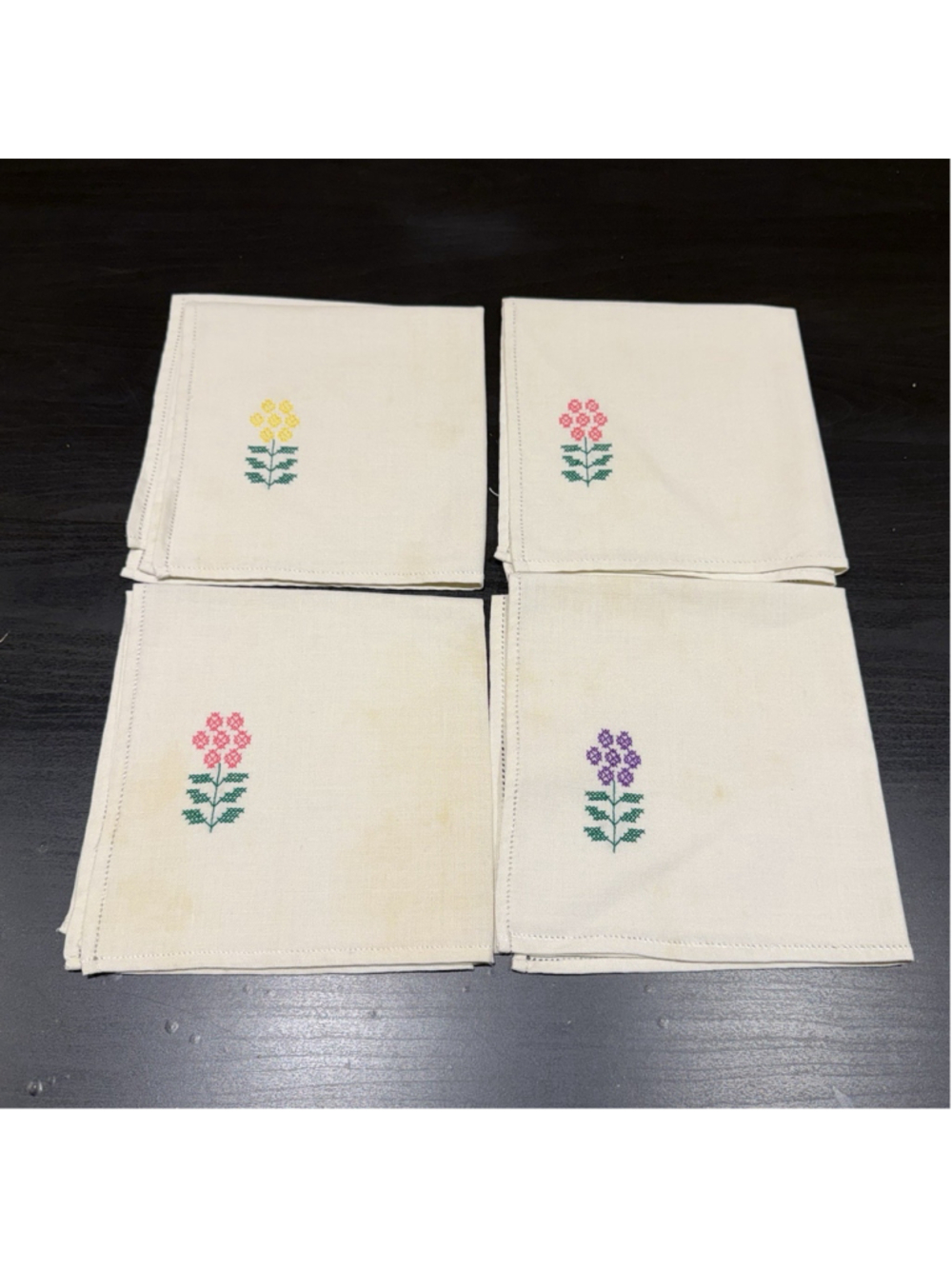 4 Vtg Hand Embroidered Cloth Cocktail Napkins Floral Hemstitch Cottagecore